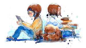 A sketch of a young boy and a young girl sitting back to back reading. Is their reading routine print or digital?